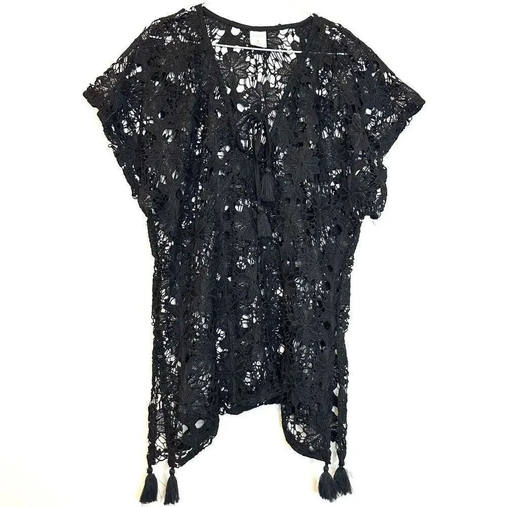 Xhilaration Floral Lace Tasseled Tie Beach Bathing Suit Black Cover-Up Medium